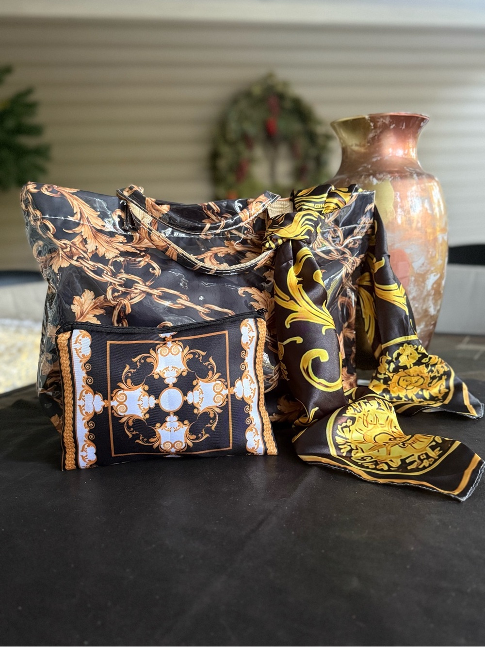 Black and Gold Baroque Style Handbag W/Luxurious Accent Scarf & Makeup Case.